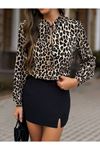 Kadın Uzun Kollu Yakadan Bağcıklı Leopar Desenli Süprem Bluz