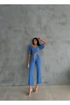 KETEN CROP KARPUZ KOL BLUZ-PANTOLON HASIR KEMERLİ - Mavi