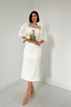 Beyaz İncili Tül Detay Elbise