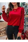 Kadın Uzun Kollu Bisiklet Yaka Kollar Pulpayet Kadife Bluz