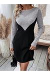 Kadın Uzun Kollu Kayık Yakalı çift Renk Mini Triko Elbise