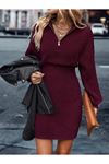Kadın Uzun Kollu Yakası Fermuarlı Mini Triko Elbise