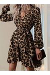 Kadın Uzun Kollu Kruvaze Yaka Belden Kuşaklı çapraz Kesim Detaylı Leopar Modal Mini Elbise