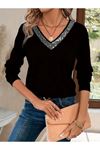 Kadın Uzun Kollu V Payet Yakalı Viskon Bluz