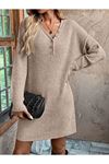 Kadın Uzun Kollu V Yakalı Düğmeli Mini Triko Taş Renkli Elbise