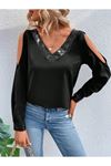 Kadın Uzun Kollu V Yakalı Omuzlardan Açık Sandy Bluz
