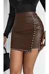 Kadın Yüksek Belli Yandan çivili Mini Deri Etek