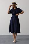 Kuşaklı Cep Detaylı Yarım Kol Elbise - Lacivert