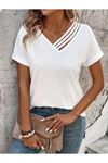 Kadın Kısa Kollu V Yakalı şerit Detaylı Viskon Bluz