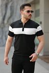 Erkek Fermuar Yakalı şerit Renk Desenli Kısa Kollu Tişört