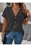 Kadın Kısa Kollu Derin V Yakalı Düğmeli Ithal Keten Bluz
