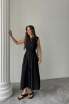 KETEN ELBİSE KOLSUZ BEL BAĞLAMALI MAXİ ELBİSE - Siyah