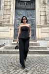 Siyah Straplez Düğmeli Crop Ve Pantolon Takım