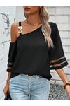Kadın Askılı Asimetrik Kesim Kol Ve Yaka Kolda Tül Ve Aksesuar Detaylı Janjan Krep Bluz