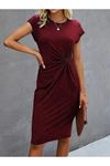 Kadın Kısa Kollu Bisiklet Yaka Yandan Büzgülü Midi Viskon Elbise