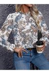 Kadın Uzun Kollu Yarı Balıkçı Yaka Desenli Süprem Bluz