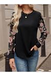 Kadın Uzun Kollu Bisiklet Yakalı Kolun çiçek Desenli Viskon Iki Iplik Bluz