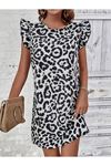 Kadın Kısa Kollu Kolları Fırfır Detay Arkası Bağlamalı Leopar Desen Kolsuz Mini Mikro Elbise