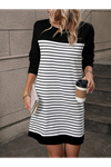 Kadın Bisiklet Yaka Uzun Kol çizgili Iki Iplik Kumaş Mini Boy Elbise