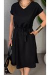 Kadın Kısa Kollu V Yakalı Beli Kuşaklı Ithal Keten Elbise