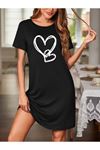 Kadın Kısa Kollu Bisiklet Yaka Kalp Desenli Viskon Elbise