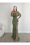 Kadın Dalgıç Krep Yırtmaç Detaylı Askılı Maxi Boy Elbise