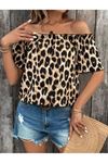 Kadın Madonna Yaka Fırfırlı Leopar Desenli Mikro Kumaş Bluz