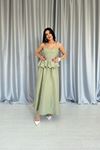 Yeşil Beli Büzgülü İnci Askılı Uzun Elbise
