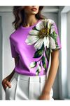 Kadın Kısa Kollu Bisiklet Yaka çiçek Baskılı Süprem Bluz