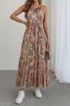 Kadın Halter Yakalı Omuzlardan Açık Kuşaklı Maksi Boy Desenli Süprem Elbise