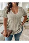 22Kadın Kısa Kollu V Yaka Fitilli Kaşkorse Bluz