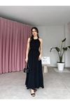 Kadın Krinkil Kumaş Beli Gipeli Halter Yaka Maxi Boy Elbise