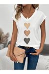 Kadın Kısa Kollu V Yakalı Kalp Desen Viskon Bluz