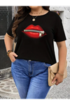 Baskılı Oversize Bisiklet Yaka T-shirt - Siyah