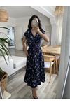 Kadın Kısa Kollu Kruvaze Yakalı Beli Lastikli çiçek Desenli Elbise