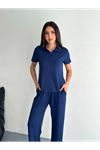 Osy Modal Yumuşak Dokulu Kumaş Kısa Kollu Yakalı T-shirt Pantalon Ikili Takım- Lacivert