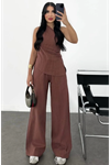 Keten Asimetrik Tek Omuzlu Bluz Pantalon Takım- Bordo