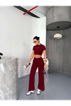 Osy Modal Yumuşak Dokulu Kumaş Kısa Kollu Crop Alt Ispanyol Paça Pantalon Ikili Takım - Bordo