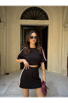 Osy Modal Yumuşak Dokulu Kumaş Parçalı Bisiklet Yaka T-shirt Mini Şortlu Etek İkili Takım - Siyah