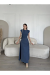 Keten Yandan Yırtmaçlı  Uzun Sıfır Kolsuz Elbise - Mavi