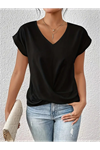 Kadın Kısa Kollu V Yakalı önden çapraz Geçmeli Detay Viskon Bluz