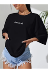 Baskılı Oversize Bisiklet Yaka T-shirt - Siyah
