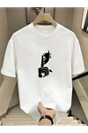 Rahat Bisiklet Yaka Tişört, Yaratıcı Karikatür Baskı - Yumuşak Polyester, Her Mevsim Giyilebilir- Beyaz