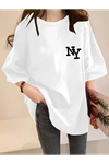 Baskılı Oversize Bisiklet Yaka T-shirt - Beyaz