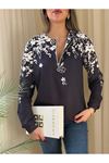 Kadın Uzun Kollu önden Fermuarlı çiçek Desenli şardonlu Dalgıç Bluz