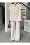Keten Kısa Kollu Cepli Gömlek Pantolon Ikili Takım - Beyaz