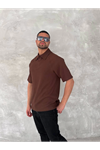 Yakalı Patlı Kısa Kol T-shirt - Kahverengi