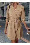 Kadın Uzun Kollu Kruvaze Yakalı Belden Kuşaklı Mini çift Katlı Ithal Krep Elbise