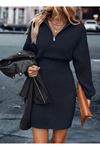 Kadın Uzun Kollu Yakası Fermuarlı Mini Triko Elbise