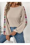 Kadın Uzun Kollu Kayık Yaka şardonlu Kaşkorse Bej Bluz